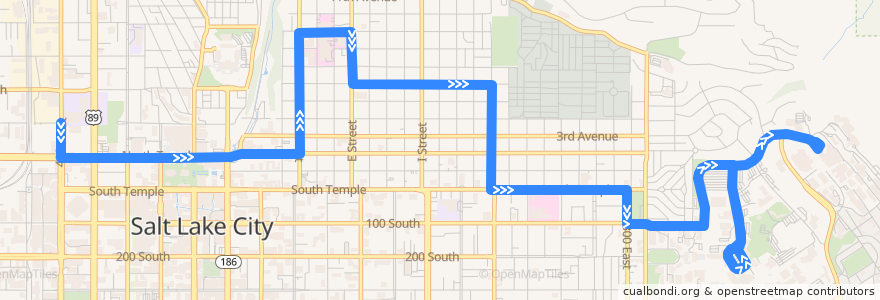 Mapa del recorrido UTA Route 6 6th Avenue (to University Medical Center via University Central Campus) de la línea  en Salt Lake City.