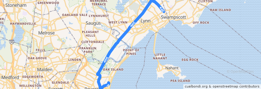Mapa del recorrido MBTA 424W de la línea  en Massachusetts.
