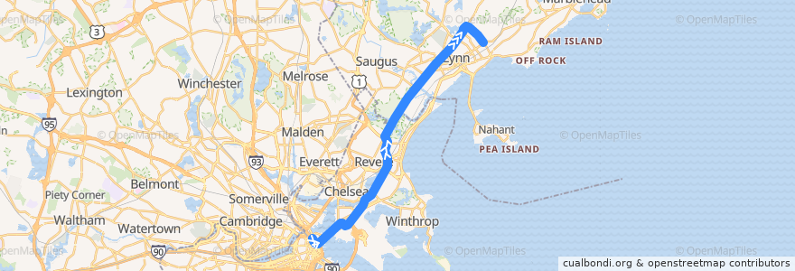 Mapa del recorrido MBTA 424 de la línea  en Massachusetts.