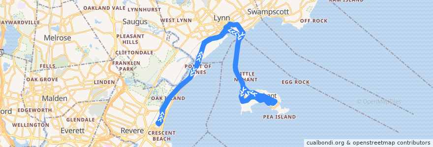 Mapa del recorrido MBTA 439 de la línea  en Massachusetts.