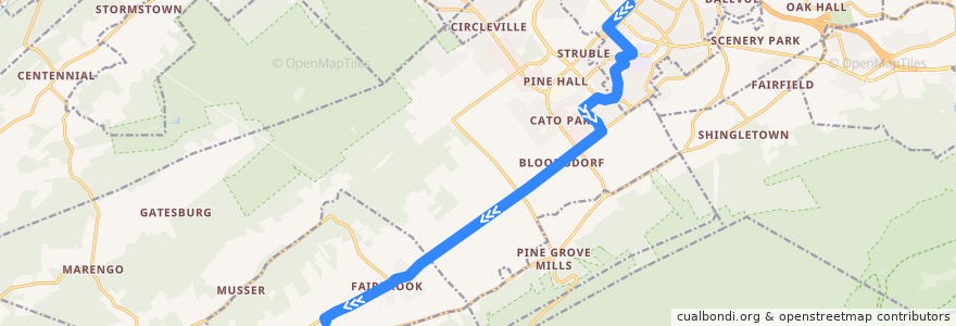 Mapa del recorrido Bus F: Campus and Downtown -> Greentree -> The Meadows de la línea  en Ferguson Township.