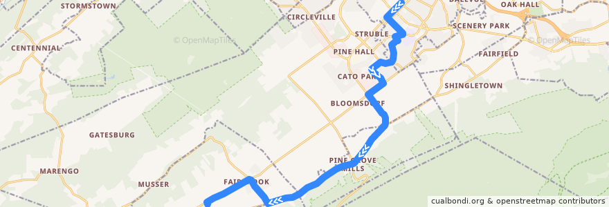 Mapa del recorrido Bus F: Campus and Downtown -> Greentree -> Pine Grove Mills -> The Meadows de la línea  en Ferguson Township.