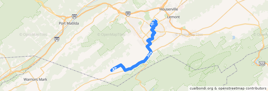 Mapa del recorrido Bus F: The Meadows -> Pine Grove Mills -> Greentree -> Campus and Downtown de la línea  en Centre County.