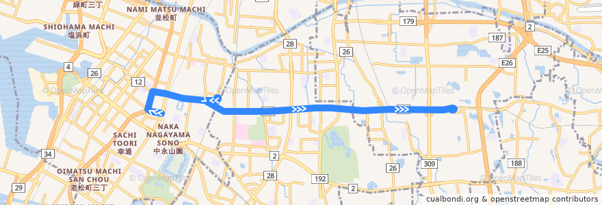Mapa del recorrido 25: 堺東駅前-河内松原駅前 de la línea  en Prefectura de Osaka.