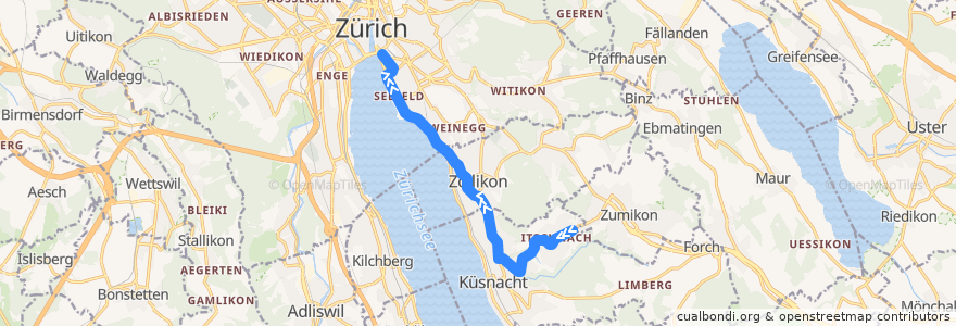 Mapa del recorrido Bus 912: Itschnach, Fallacher → Zürich, Bellevue de la línea  en Zurique.