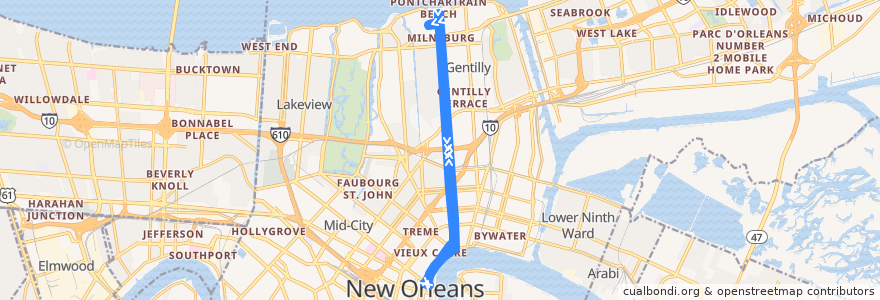 Mapa del recorrido NORTA 55 Elysian Fields de la línea  en Orleans Parish.