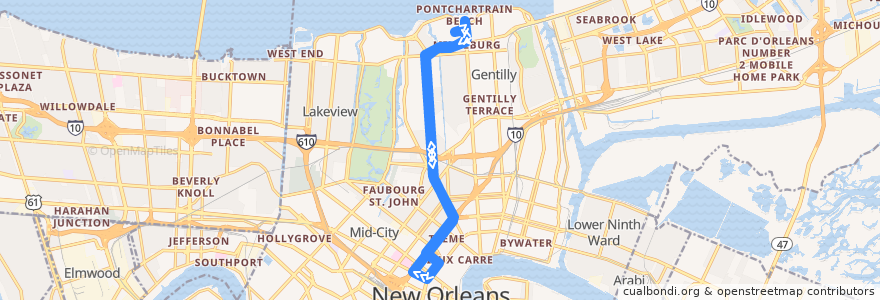 Mapa del recorrido NORTA 52 St. Bernard-Paris Avenue de la línea  en Orleans Parish.