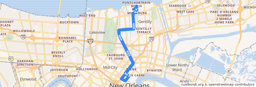 Mapa del recorrido NORTA 51 St. Bernard-St. Anthony de la línea  en Orleans Parish.