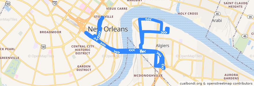 Mapa del recorrido NORTA 101 Algiers Point de la línea  en Orleans Parish.