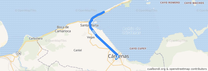 Mapa del recorrido Cardenas-Varadero de la línea  en Cárdenas.