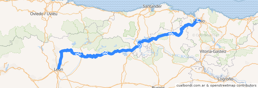 Mapa del recorrido R4 Bilbao => León de la línea  en España.