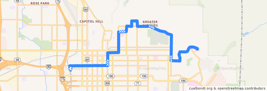 Mapa del recorrido UTA Route 11 11th Avenue (to University Medical Center) de la línea  en Salt Lake City.