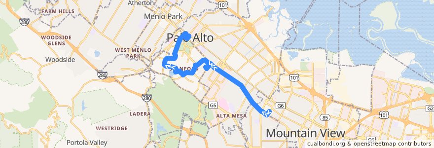 Mapa del recorrido Marguerite Shopping Express: San Antonio Transit Center => Palo Alto Transit Center de la línea  en Santa Clara County.