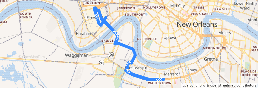 Mapa del recorrido JeT W10 Huey P. Long de la línea  en Jefferson Parish.