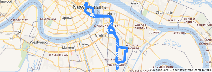 Mapa del recorrido JeT W8 Terrytown de la línea  en Louisiana.