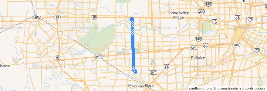 Mapa del recorrido Metro 67 Dairy Ashford de la línea  en Houston.