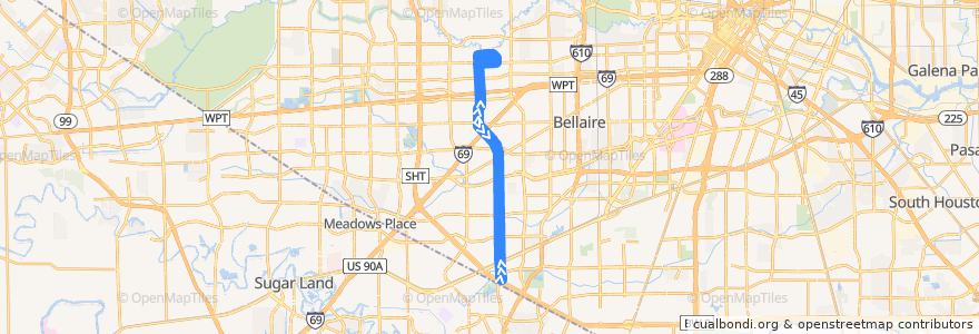 Mapa del recorrido Metro 63 Fondren de la línea  en Houston.