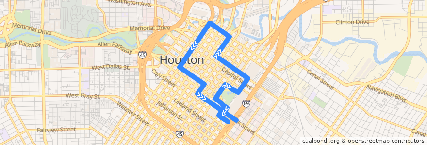 Mapa del recorrido Metro 413 Greenlink Circulator - Orange de la línea  en Houston.