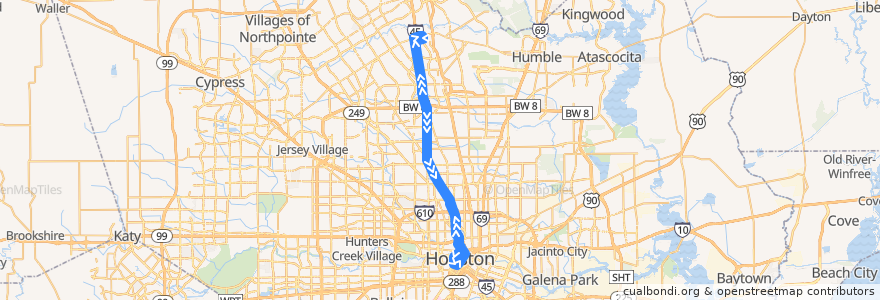 Mapa del recorrido Metro 204 Spring de la línea  en Harris County.