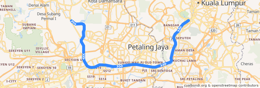 Mapa del recorrido Skypark Link (Eastbound) de la línea  en Selangor.