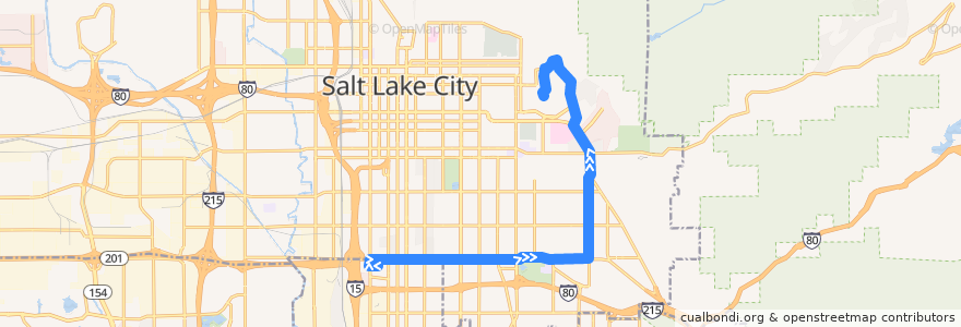 Mapa del recorrido UTA Route 21 2100 South/2100 East (to University of Utah) de la línea  en Salt Lake City.