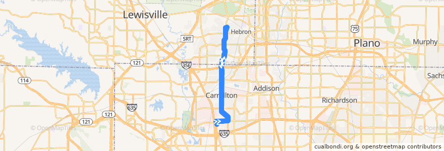Mapa del recorrido DART 531 Baylor Medical/Farmers Branch Station de la línea  en تكساس.