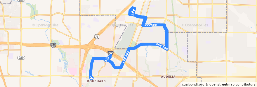 Mapa del recorrido DART 585 Forest Lane/Spring Valley Station de la línea  en Dallas County.