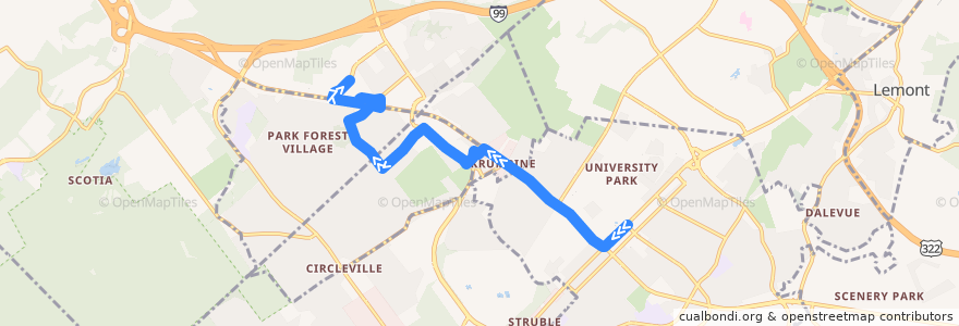 Mapa del recorrido Bus N: Campus and Downtown -> Northland Center -> Martin Street -> Aaron Drive -> The Colonnade de la línea  en Centre County.