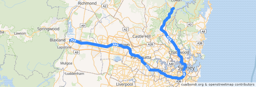 Mapa del recorrido North Shore & Western Line de la línea  en Sydney.