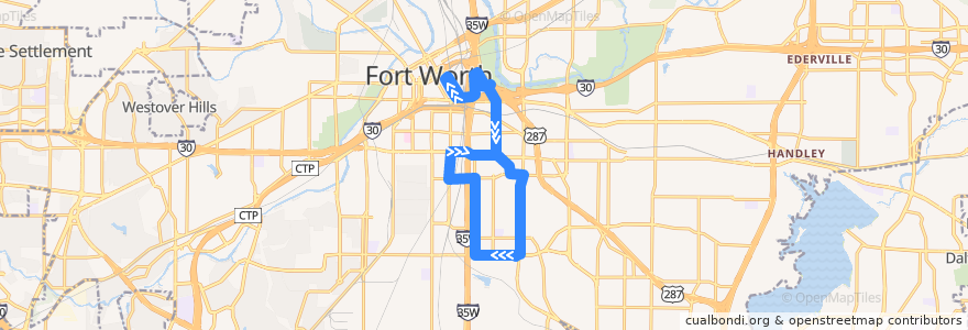 Mapa del recorrido Trinity Metro 8 Riverside/Evans de la línea  en Fort Worth.