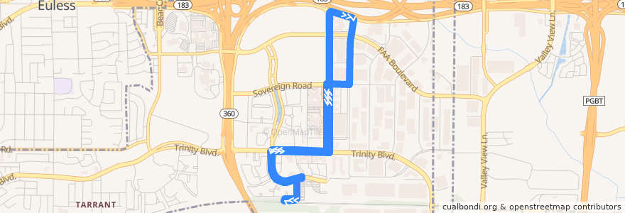 Mapa del recorrido Trinity Metro 30 CentrePort Circulator (Amon Carter Loop) de la línea  en Fort Worth.