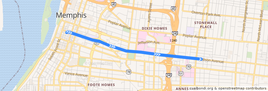 Mapa del recorrido Trolley - Madison Avenue Line eastbound de la línea  en Memphis.