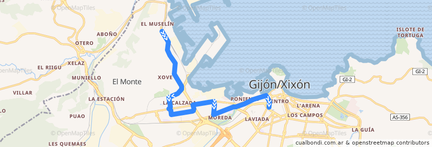 Mapa del recorrido Línea 34: Musel - Fátima - Plaza Humedal de la línea  en Gijón / Xixón.