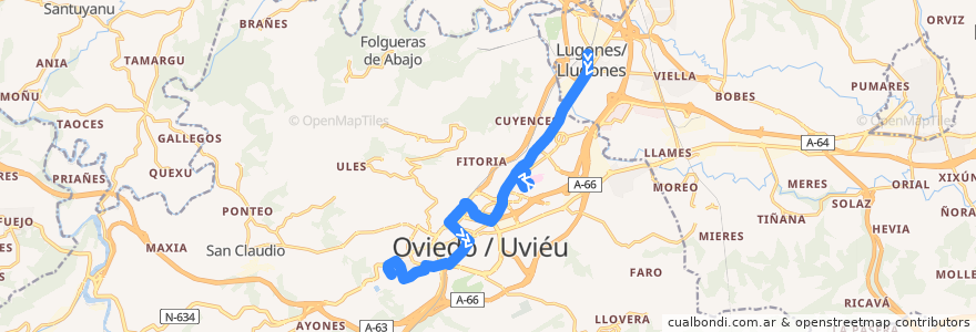 Mapa del recorrido C2: Lugones - Facultades de la línea  en Oviedo.