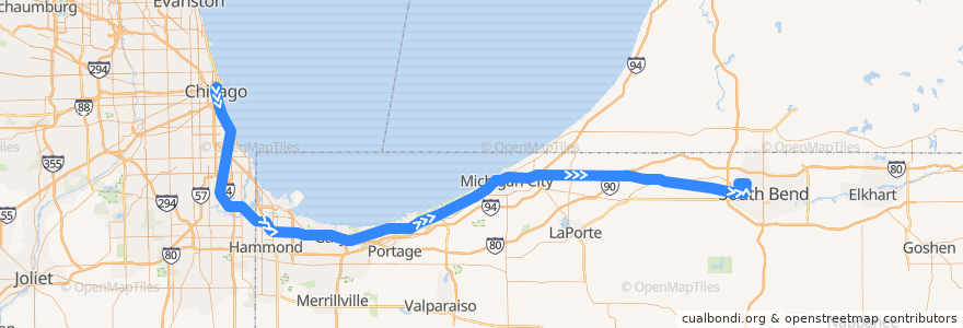 Mapa del recorrido NICTD South Shore Line: South Bend => Millennium Station de la línea  en Indiana.