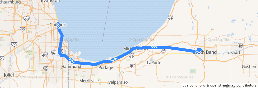 Mapa del recorrido NICTD South Shore Line: Millennium Station => South Bend de la línea  en Indiana.