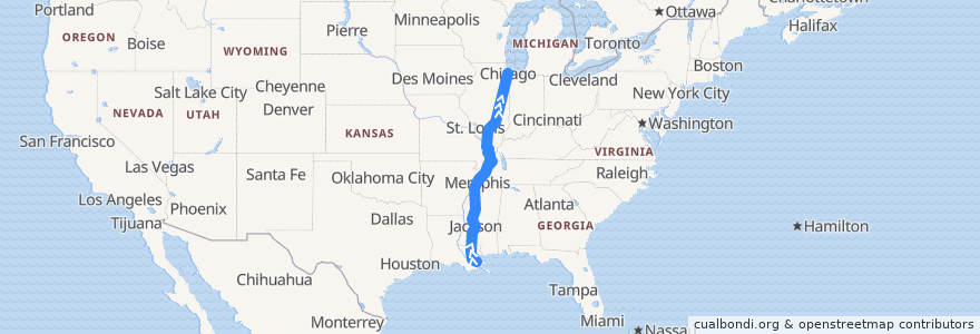 Mapa del recorrido Amtrak City of New Orleans: New Orleans => Chicago de la línea  en 미국.