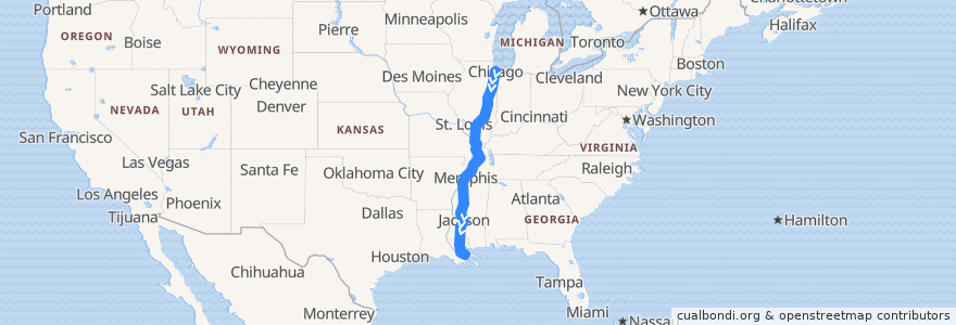 Mapa del recorrido Amtrak City of New Orleans: Chicago => New Orleans de la línea  en 美利坚合众国/美利堅合眾國.