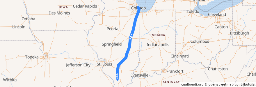 Mapa del recorrido Amtrak Illini/Saluki: Carbondale => Chicago de la línea  en إلينوي.