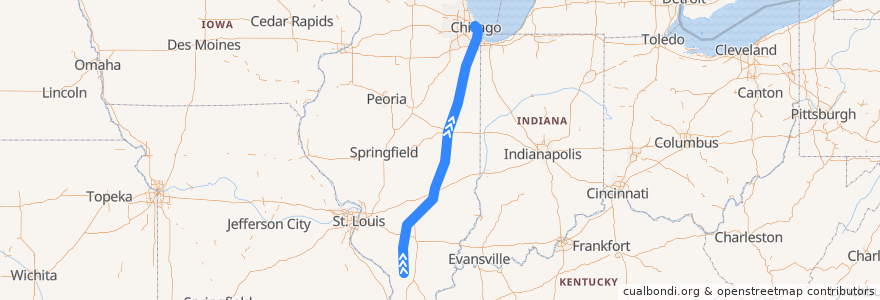 Mapa del recorrido Amtrak Illini/Saluki: Carbondale => Chicago de la línea  en 伊利诺伊州 / 伊利諾州.