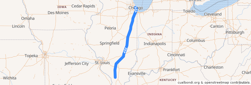 Mapa del recorrido Amtrak Illini/Saluki: Chicago => Carbondale de la línea  en 伊利诺伊州 / 伊利諾州.