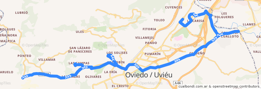 Mapa del recorrido BÚHO2: San Claudio - Cuatro Caños de la línea  en Oviedo.