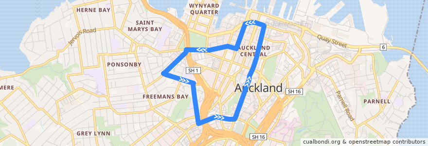 Mapa del recorrido Freemans Bay loop de la línea  en Waitematā.