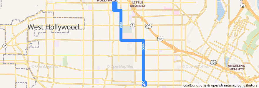 Mapa del recorrido DASH Hollywood/Wilshire (565) de la línea  en ロサンゼルス.