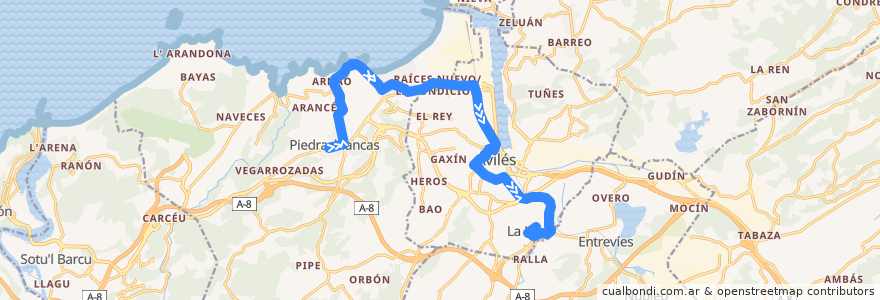 Mapa del recorrido L1-A: Piedras Blancas - Arnao - Raíces - Avilés - La Luz de la línea  en Astúrias.