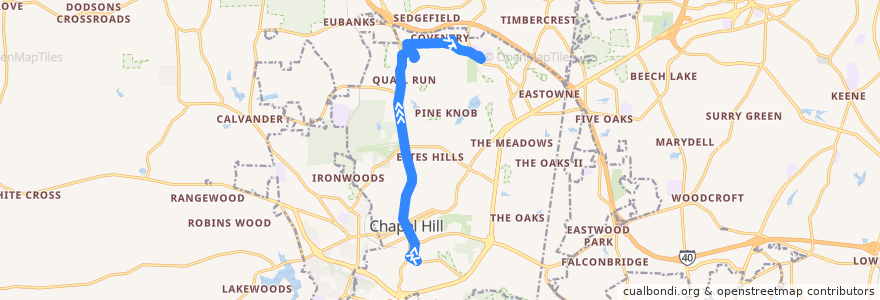 Mapa del recorrido CHT Route T: UNC Hospitals → East Chapel Hill High School de la línea  en Chapel Hill.