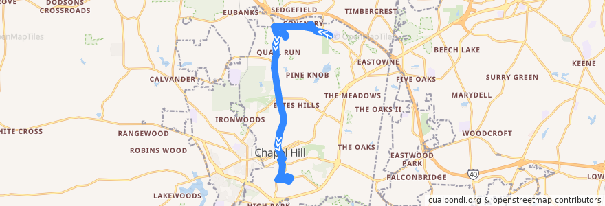 Mapa del recorrido CHT Route T: East Chapel Hill High School → UNC Hospitals de la línea  en Chapel Hill.