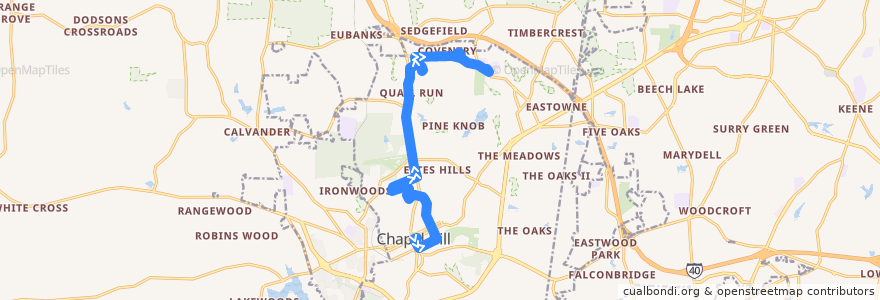 Mapa del recorrido CHT Route T Saturday: Varsity Theatre → East Chapel Hill High School de la línea  en Chapel Hill.