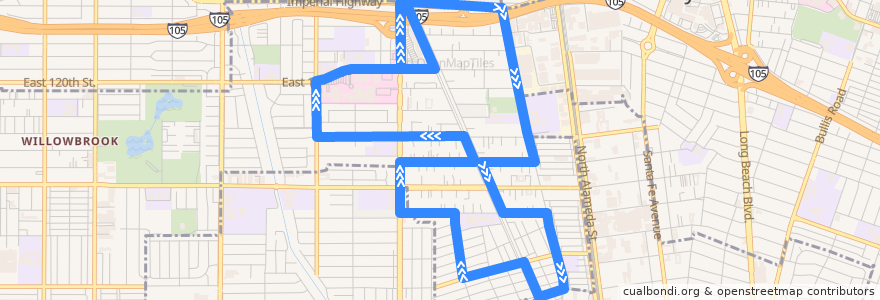 Mapa del recorrido LA County the Link Willowbrook Route B de la línea  en Los Angeles County.