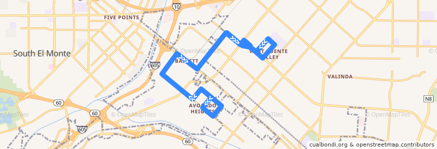 Mapa del recorrido LA County Avocado Heights/Bassett/West Valinda Shuttle de la línea  en مقاطعة لوس أنجلس.